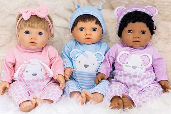 Tiny Treasures 44cm baby dolls in pink, blue and lilac outfits. 